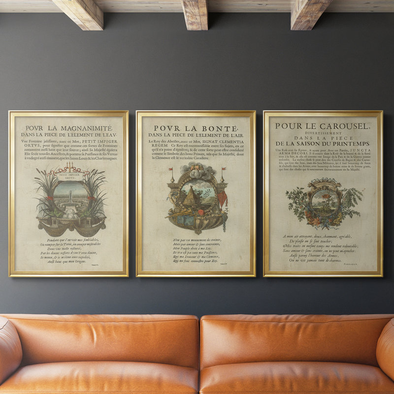 Ex-libris embelli II - Toile tendue avec châssis sur mesure - 3 pièces, H 30 po x l 63 po, Doré