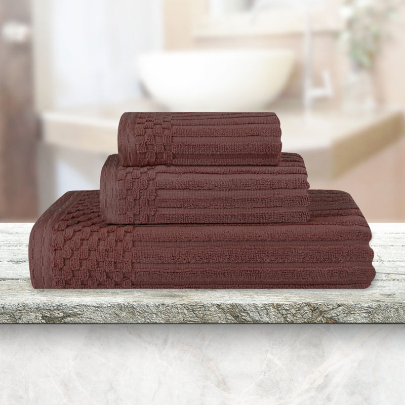 Kaelea Soho Cotton Ribbed Checkered Border Medium Weight 3 Piece Assorted Bathroom Towel Set, Brown, 3 Piece Towel set
