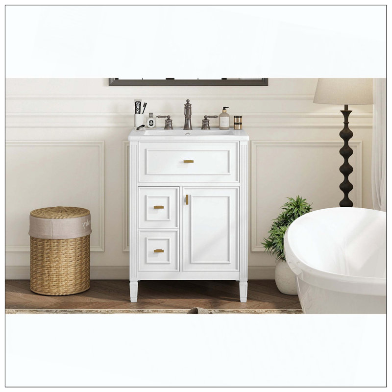 Tablette réglable en bois massif avec meuble-lavabo de salle de bain, Blanc