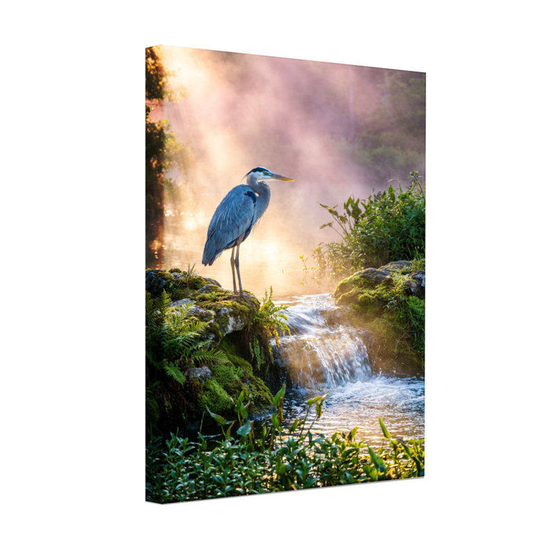 Animaux, ruisseau brumeux, héron, scène de la nature, H 40 po x l 28 po