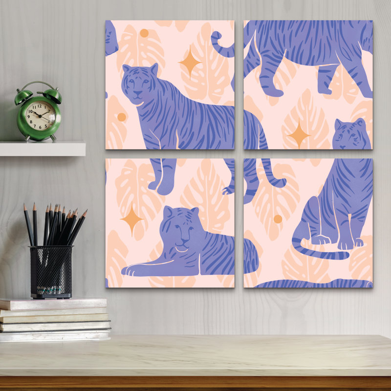 Ensemble de 4 panneaux muraux - Rachel Hallquist «Tigers Blue», art mural sur toile pour le salon, la chambre à coucher ou le bureau 