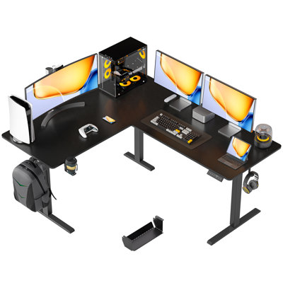 63" Reversible L Shaped Standing Desk, Height Adjustable with Cup Holder, Electric Corner Computer Workstation, Sit Stand up Home Office, Ergonomic Gaming, Black