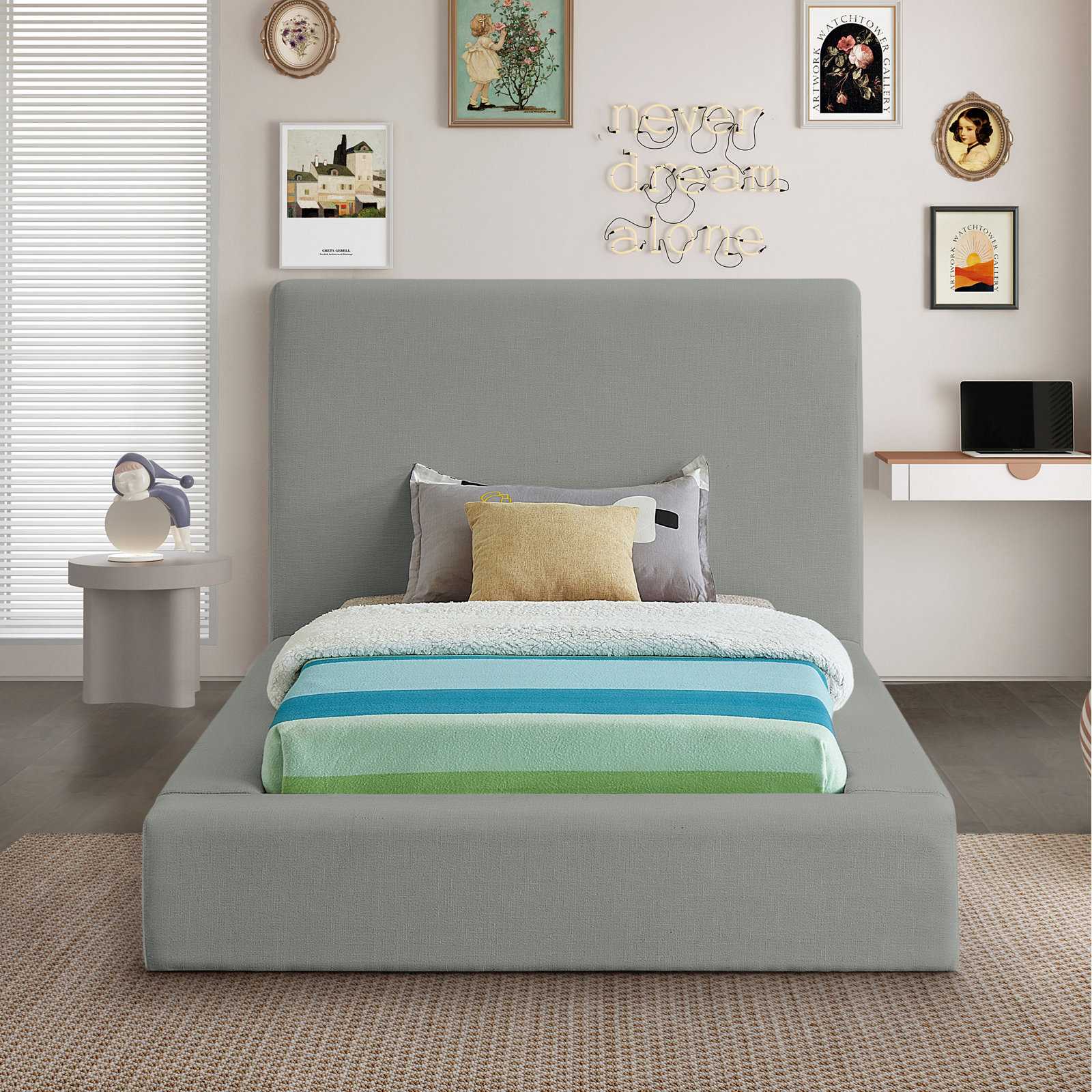 Ishia Velvet Upholstered Bed, Twin, Grey Linen