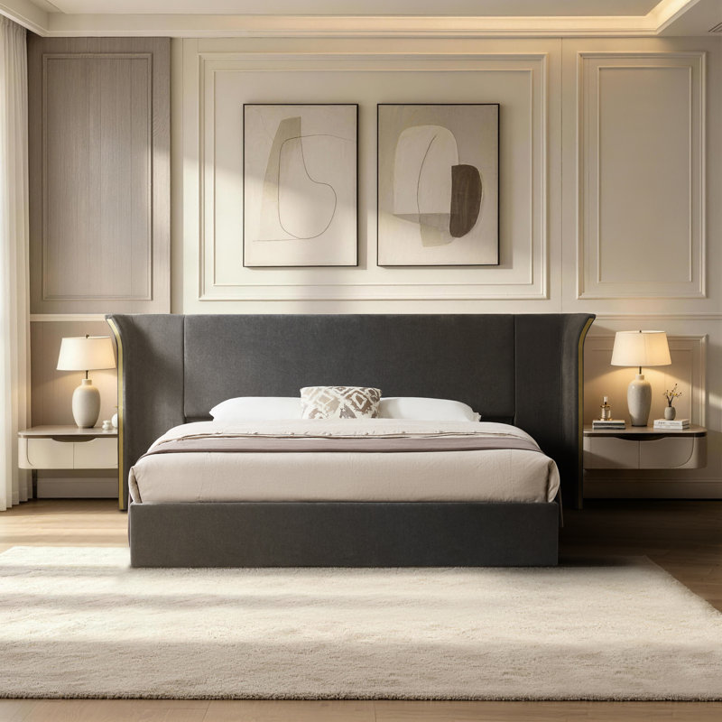 Cadre de lit rembourré King Size, tête de lit à oreilles, tête de lit haute et rembourrée, tissu chenille doux, cadre robuste, gris foncé