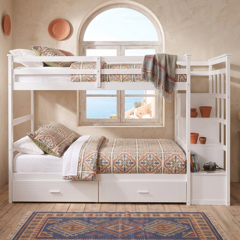 Lit superposé simple au-dessus de simple avec escalier et 2 tiroirs, lit superposé avec rangement pour enfants, blanc, White