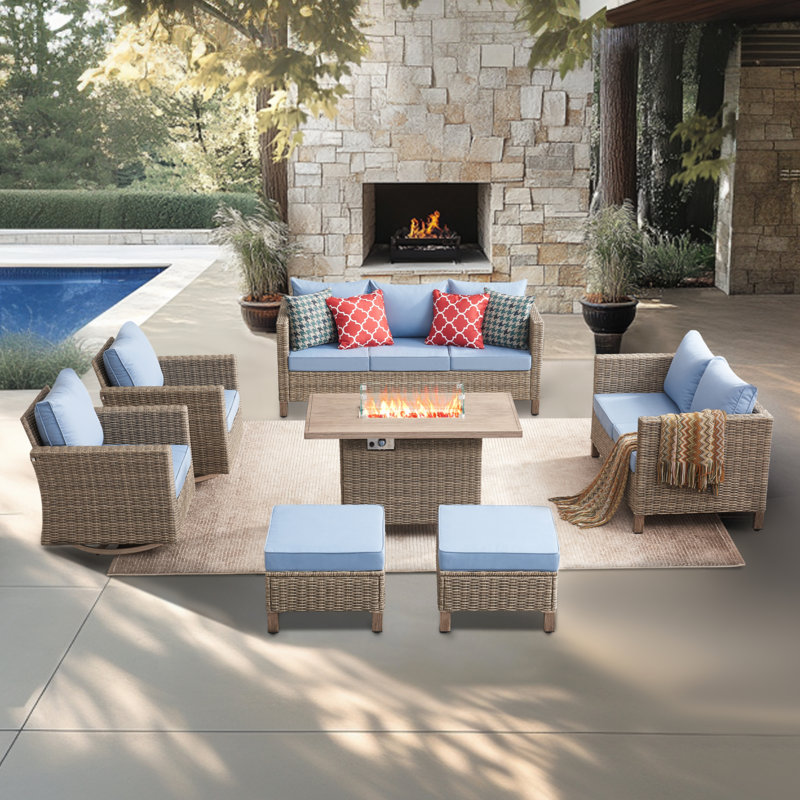 9 - Person Outdoor Wicker Patio Conversation Furniture Set With Swivel Chairs, Blue