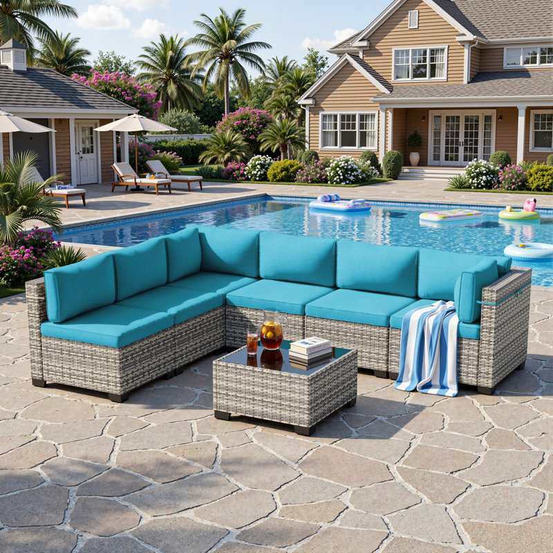 7-Piece Outdoor Sectional Sofa Set With HDPE Wicker, Cushions & Coffee Table, Modular Patio Conversation Set, Turquoise Blue