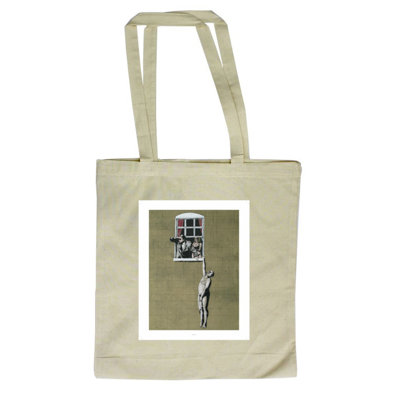 Man Hanging Out of Window Tote Bag
