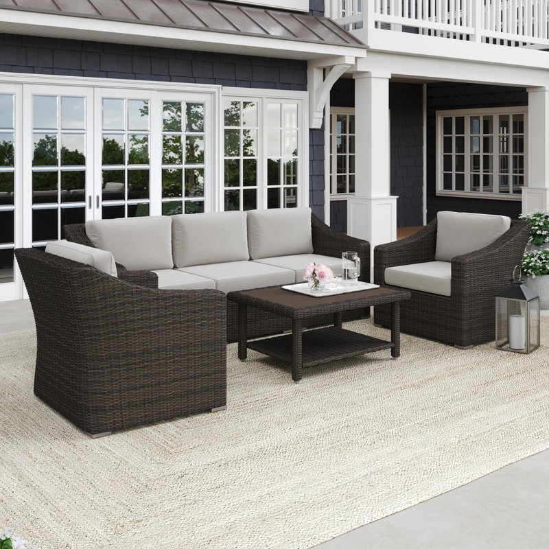 Martha Stewart Bedford 4Pc Outdoor Rattan Wicker Patio Conversation Set With All-Weather Cushions, Tan, Brown