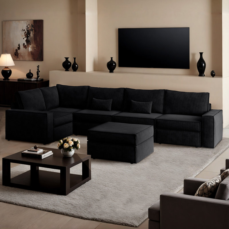 Modular L-shaped Sectional Corduroy Sofa With Movable Ottoman, Black Corduroy