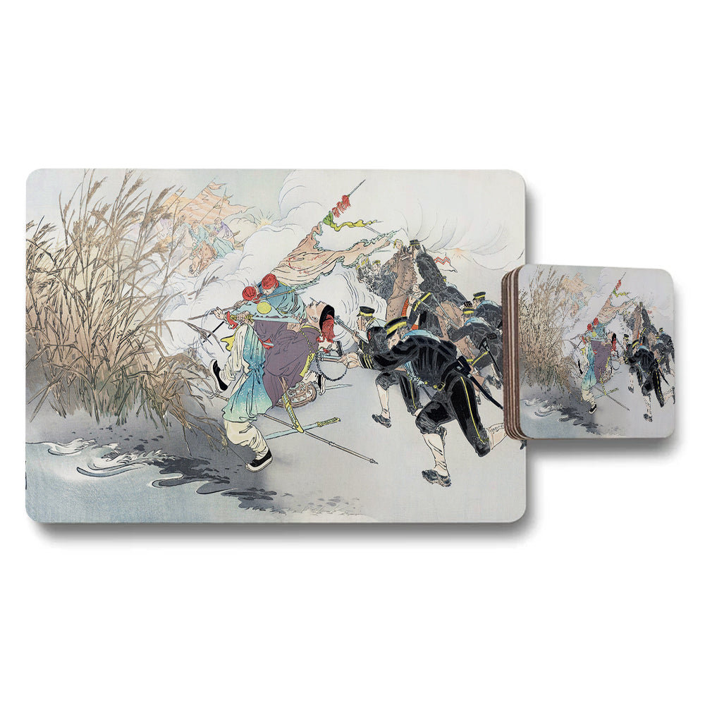 Traditional Chinese Style Placemat and Coaster Set With Warrior Scene