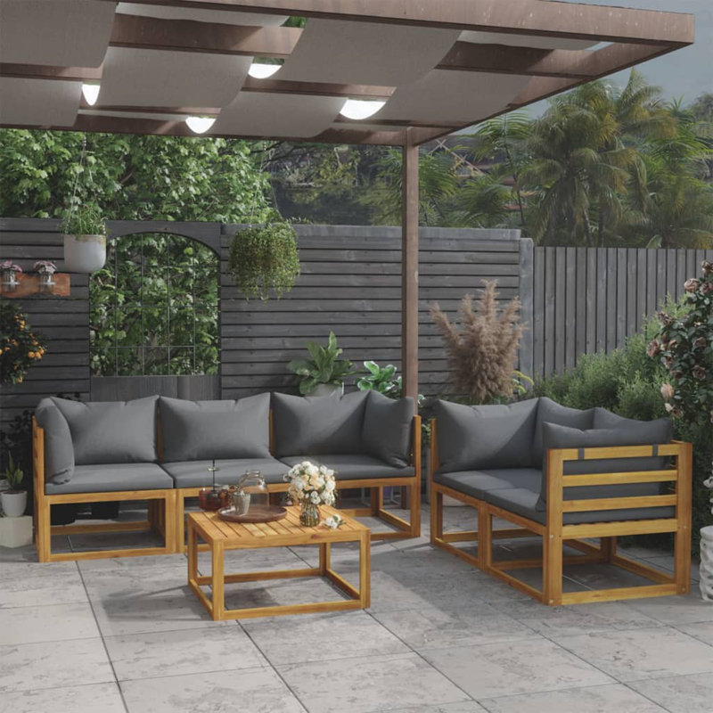 Ensemble de grand canapé d'extérieur en bois d'acacia et polyester gris foncé Garden Garden, Gris