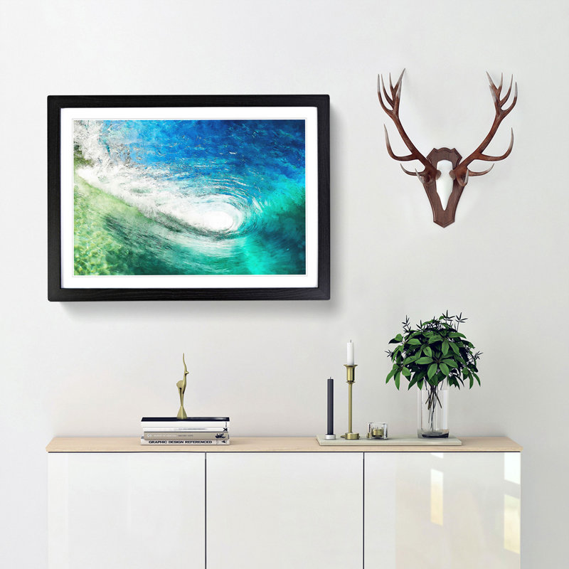 Within the Wave in Blue and Green - Picture Frame Painting Print, 45cm H x 63cm W x 2cm D, Black Framed