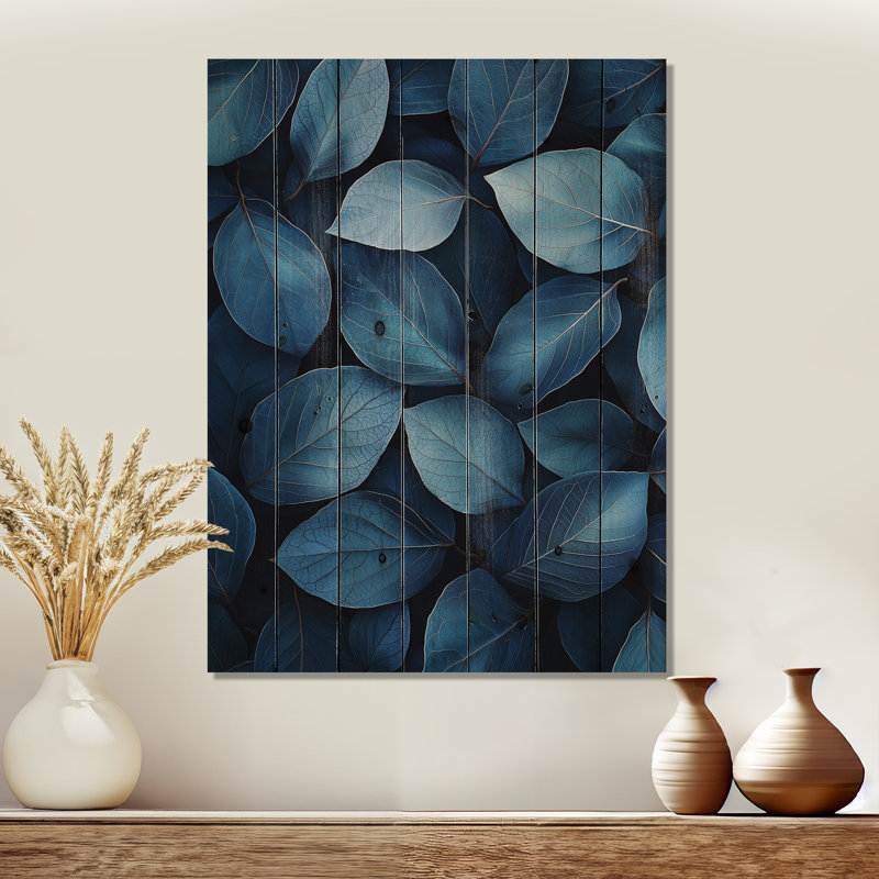 Minuit feuilles bleues Tranquillity II - décoration murale en bois de feuilles - sur bois de pin naturel, H 44 po x l 34 po