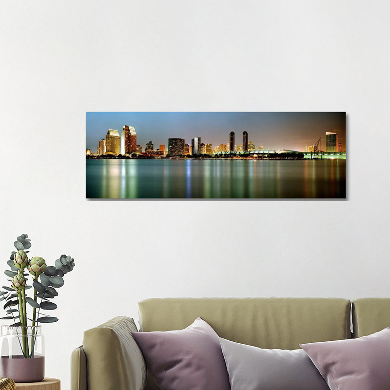 City Skyline at Night, San Diego, California, USA 1 Piece Wrapped Canvas Panoramic Wall Art