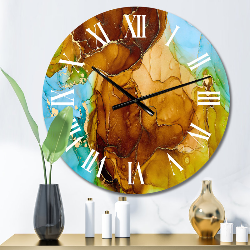 Horloge murale moderne brune et turquoise, Petit