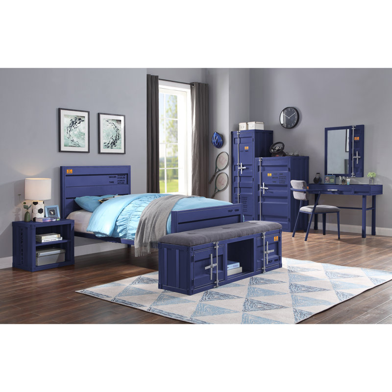 Banc de rangement rembourré Egon, Bleu, H 19 po x L 56 po x P 16 po 