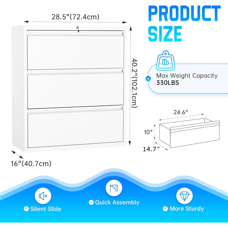 28.5'' Wide 3 -Drawer Steel Lateral Filing Cabinet, White