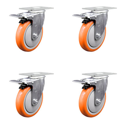 5 Inch 316SS Polyurethane Swivel Top Plate Caster Set Total Lock Brake SCC