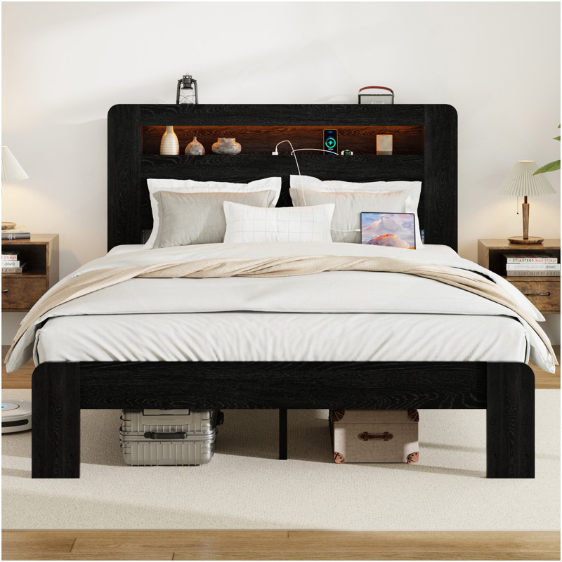 Structure de lit double, structure de lit plateforme en bois avec tête de lit à DEL avec rangement et 2 ports USB, silencieux, aucun sommier nécessaire et outil d'assemblage facile, grand rangement sous le lit, brun foncé