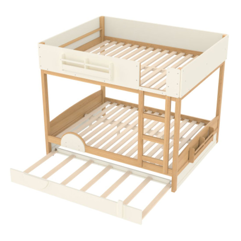 Car-shaped Queen Over Queen Bunk Bed With Trundle，wood Bunk Bed With Built-in Bookshelf And High Safety Guardrail, Stable Non-squeaking Bunk Bed Frame For Kids, Teens And Adults, Natural＆beige