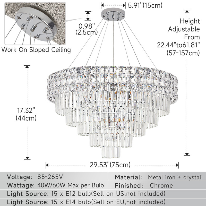 Crystal Chandelier Pendant Light, Adjustable Height for Sloped Ceilings, 3-Color Switchable, Chrome Finish, 15 Lights E12/E14, Modern Ceiling Fixture for Dining Room/Living Room
