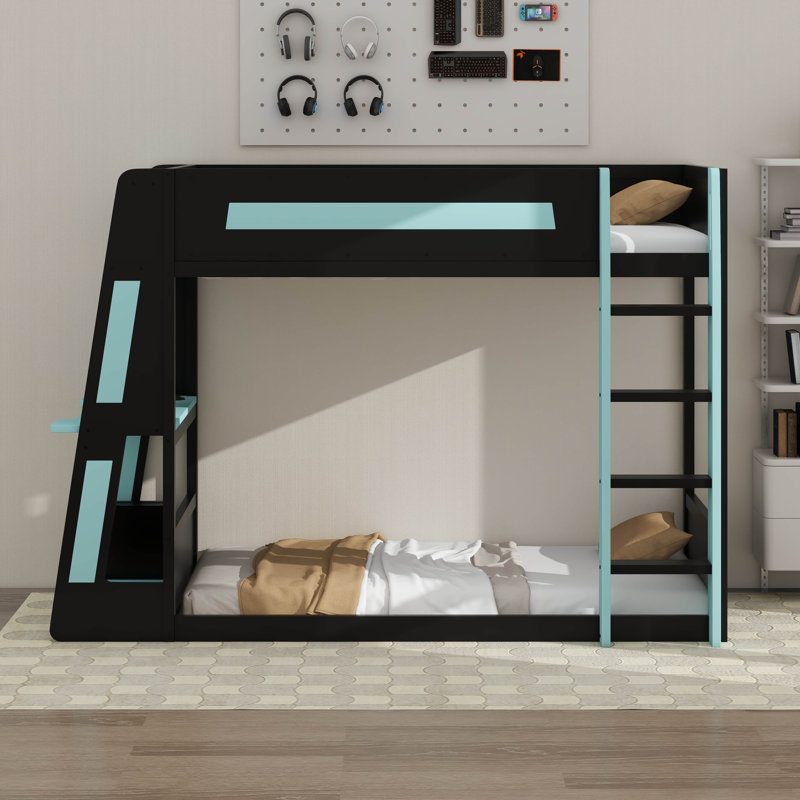 Wooden Gaming Bunk Bed With Built-In Desk, LED Lights, USB Port, And 2 Storage Shelves, Black+Blue, Twin