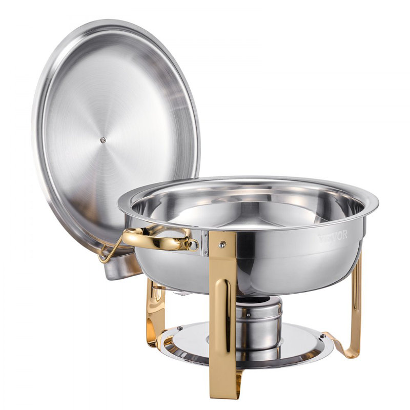 5 Qt Round Chafing Dish Buffet Set Fullsize Pan Stainless Steel, Gold