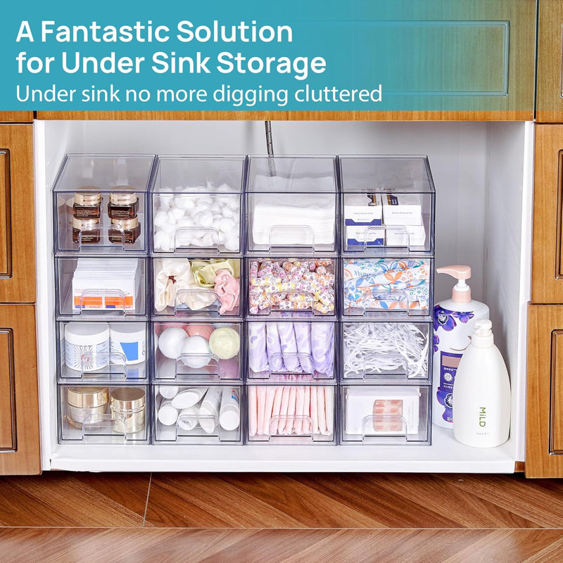 Ensemble de 6 tiroirs de rangement empilables transparents, grand organisateur de maquillage en acrylique de 4,4 po de hauteur, bacs de rangement en plastique pour meuble-lavabo, sous-évier, armoires de cuisine, garde-manger, rangement et rangement
