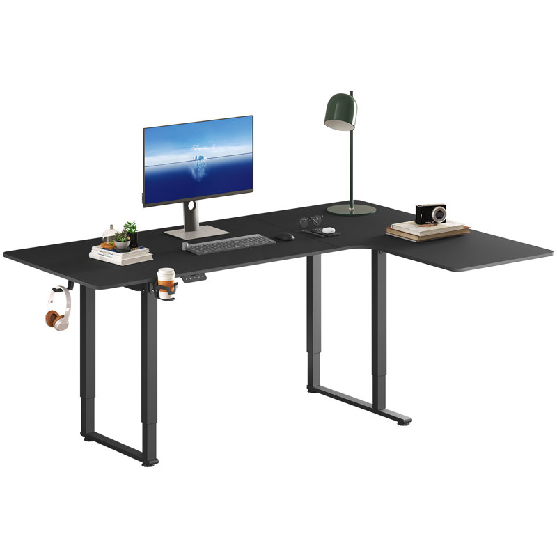 Lemarion Adjustable L-Shaped Metal Base Standing Desk with Power Outlet, Black, 46" H x 63" W x 43" D