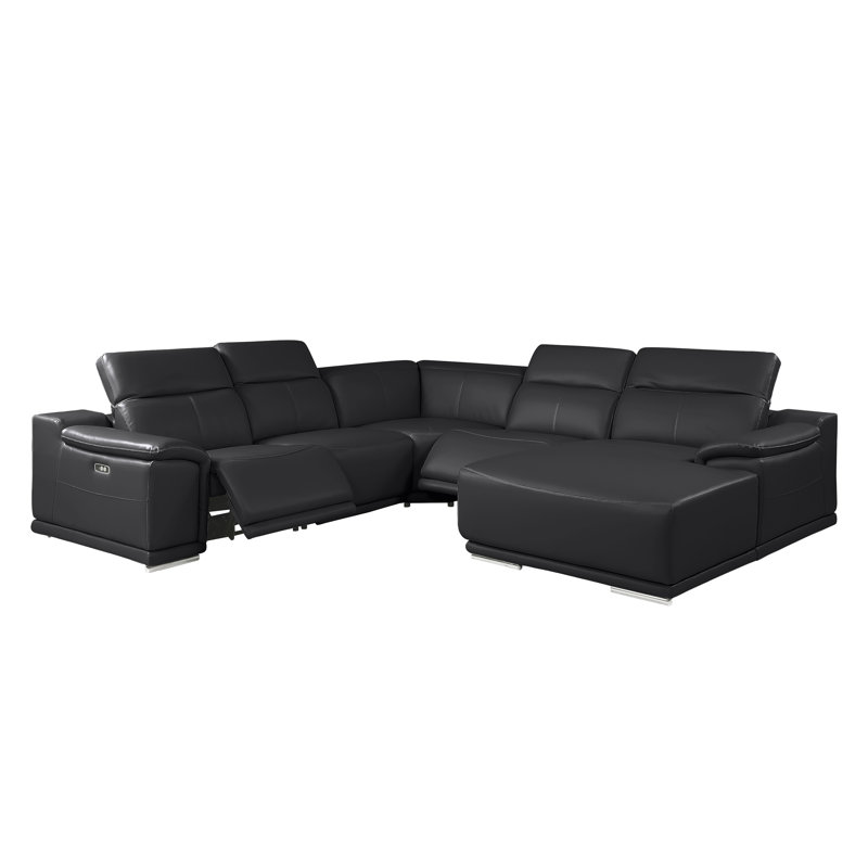 Canapé modulaire noir en cuir véritable 5 pièces faisant face à droite avec 2 fauteuils inclinables électriques et appuis-tête réglables