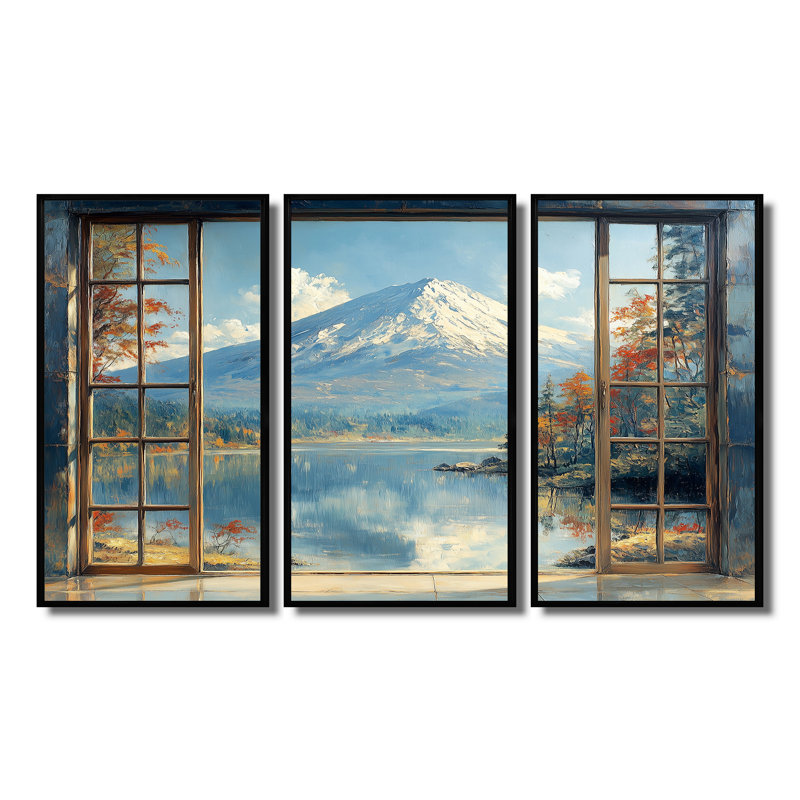 «White Winter Mount», ensemble d'art mural japonais, Toile avec cadre flottant noir, H 32 po x l 48 po x P 1 po