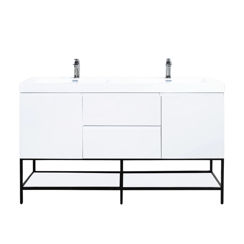 Anelka 60 po L x 20 po P 2 portes et 2 tiroirs Meuble-lavabo autoportant avec évier double et Comptoir en Polymarbre