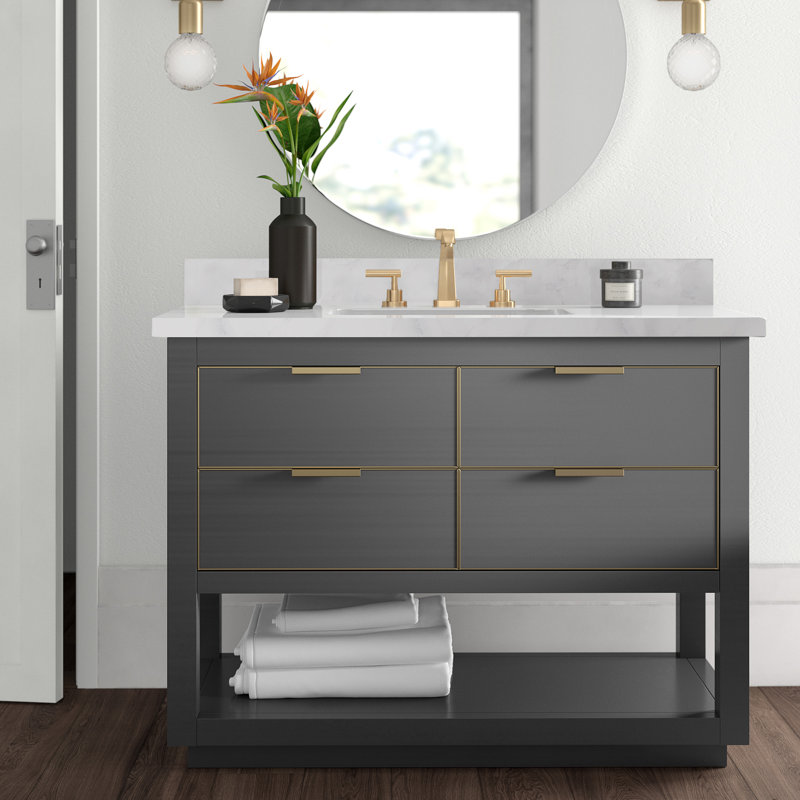 Meuble-lavabo simple 42 po avec plateau en marbre de Carrare Allie, Gris crépuscule, L 42 po, Marbre blanc de Carrare / or