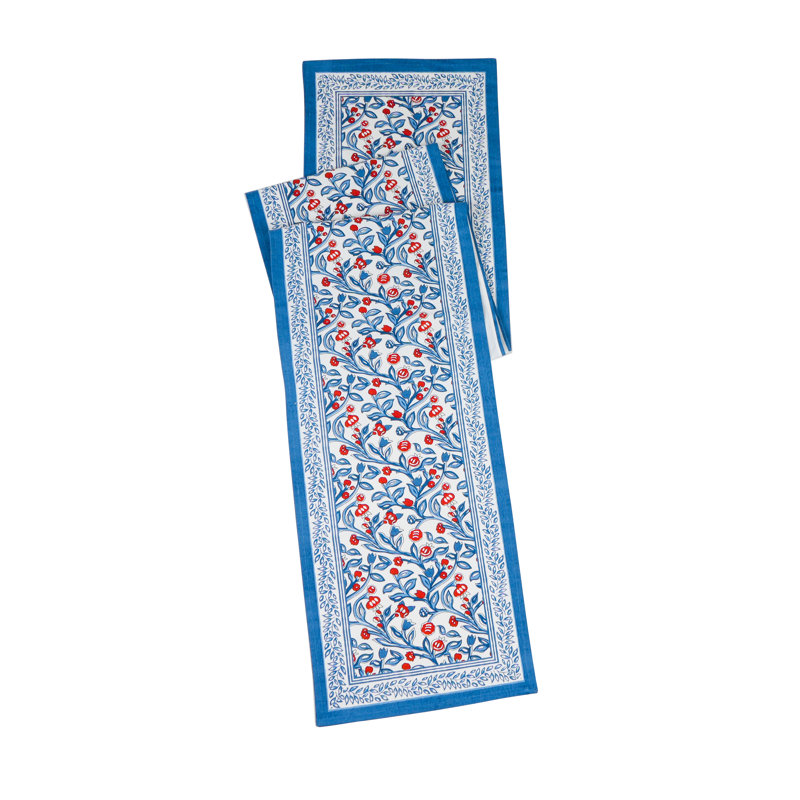 Chic Contrast Block Print Cotton Table Runner, Blue/Red