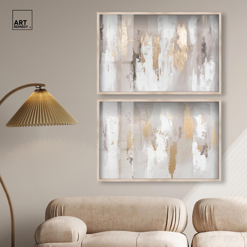 «Golden Tranquility Abstracts Set Shadowbox», art mural minimaliste par Art Remedy, H 25 po x l 37 po, Crème, crème