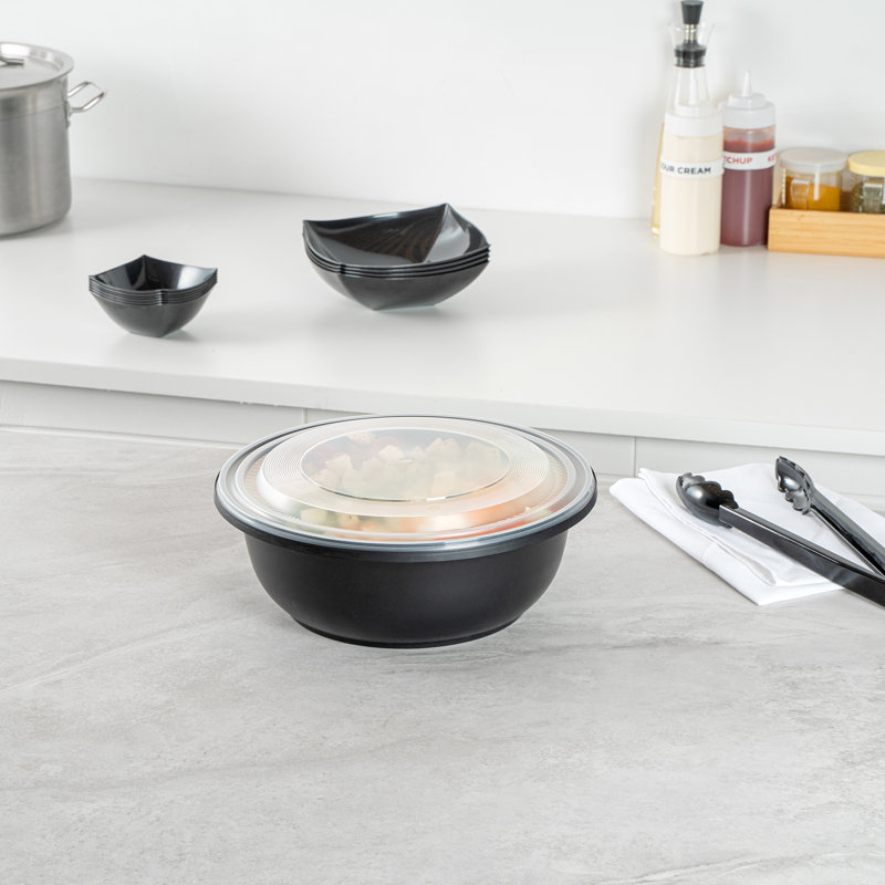 Restaurantware-Cater Tek 169 Ounce Serving Bowls, 50 Disposable Bowls With Lids - Microwavable, Freezable, Black Plastic Catering Bowls, Round, Ideal For Soups, Stews, Salads, Chilli, Or Noodles