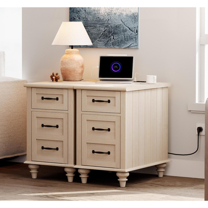Table de chevet avec station de charge, table d'appoint avec un tiroir et une armoire, beige, Ensemble de 2