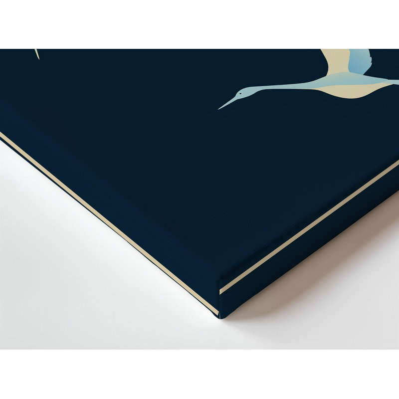 Toile, une paire d'oiseaux élégants en vol représentant un art minimaliste stylisé sur fond noir profond, H 12 po x l 9 po