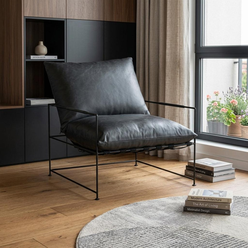 Fauteuil en cuir véritable noir vieilli de 28 pouces