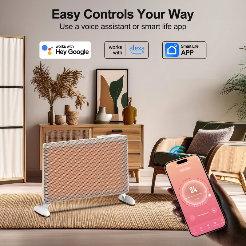 1500 W Electric Ceramic Heater In White With Tip-over Protection, Remote Control, Timer, Wall Mount