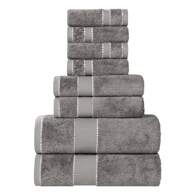 Niles Egyptian Giza Cotton, Diamond Dobby Border, Ultra-Plush Thick, Soft Absorbent, 8 Piece Towel Set, Charcoal