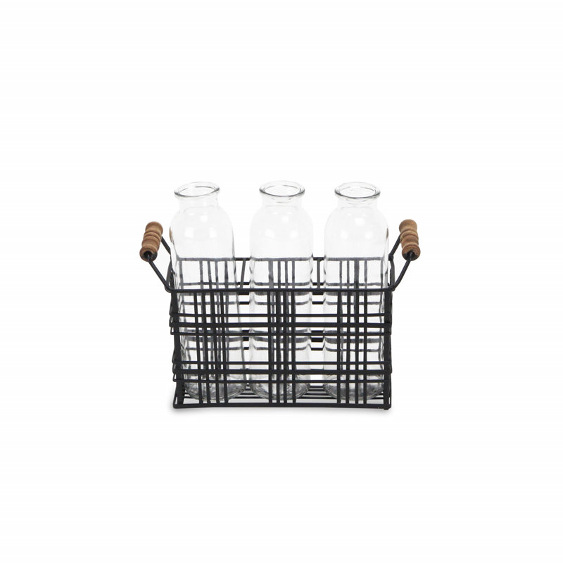 Ensemble de 8 bouteilles en verre 8 po dans un panier en fil de fer noir