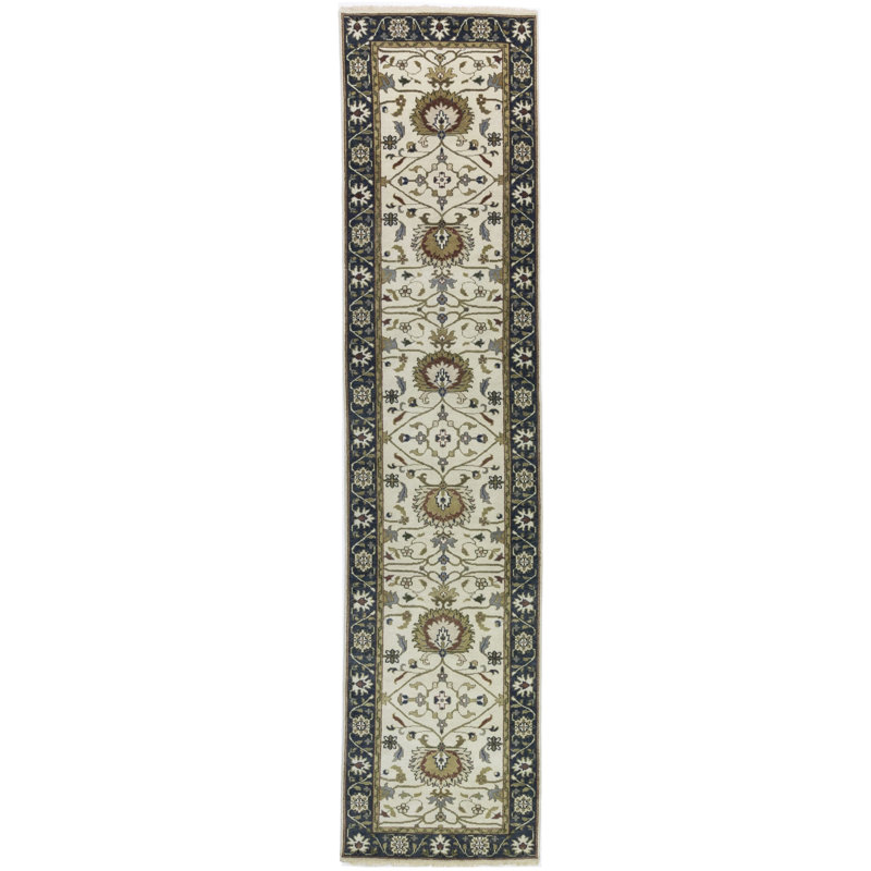 Tapis de couloir crème en laine noué à la main 3 pi 1 po x 13 pi 2 po Floral