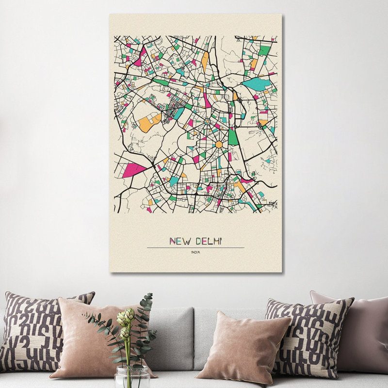 Carte de New Delhi, Inde par Ayse Deniz Akerman - Toile tendue avec châssis sur toile, H 12 po x l 8 po x P 0,75 po