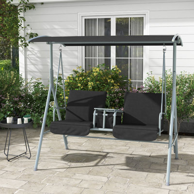 Balancelle de véranda pour 2 personnes avec support, balançoire d'extérieur avec auvent, table de rangement, 2 porte-gobelets, coussins de patio, cour arrière, noir