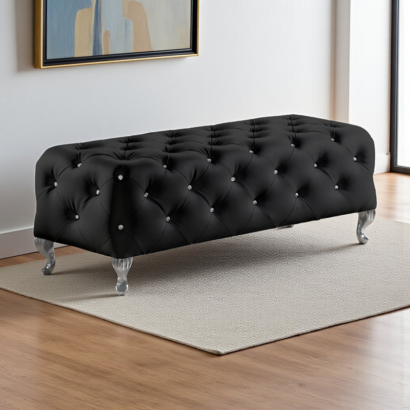Banc rembourré en similicuir noir avec capitonnage en cristal Zeinoun, H 18,78 po x l 47,43 po x P 18,78 po, Noir