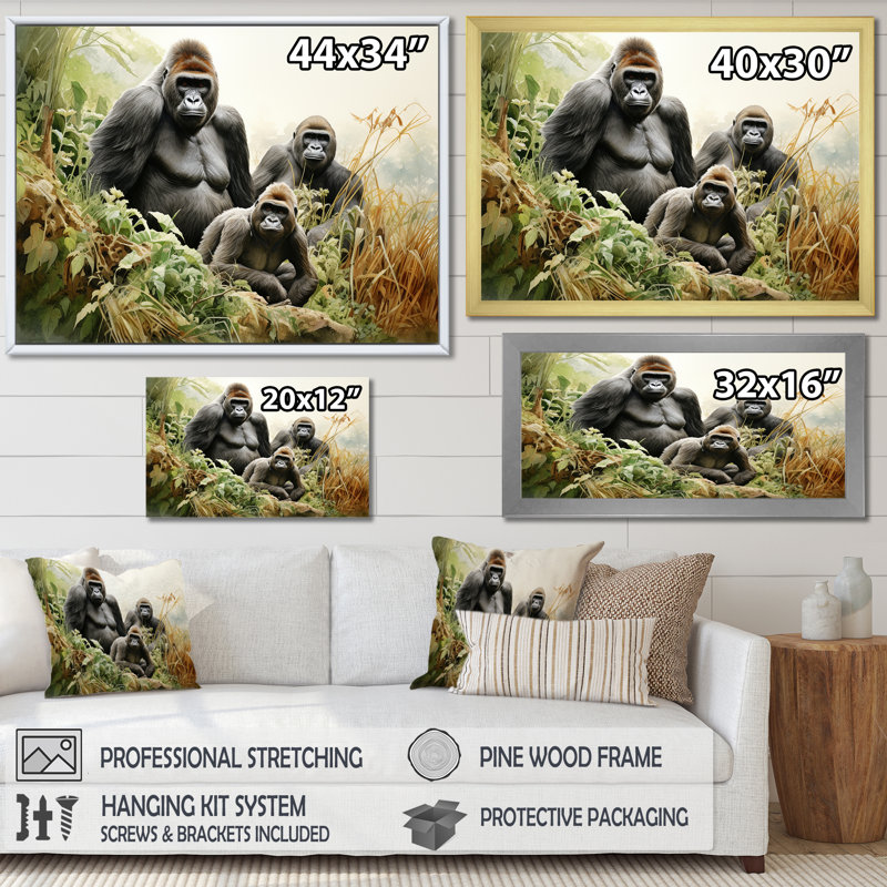 Horizon de la famille des gorilles d'Afrique I - impressions sur toile gorille, H 30 po x l 40 po x P 1,5 po