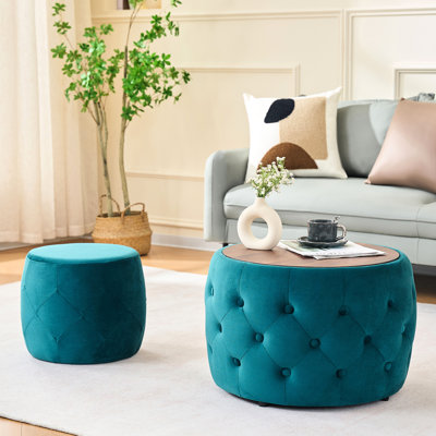 Rond de 40 repose-pieds gigognes en velours bleu, Space Design, rangement avec couvercles amovibles, repose-pieds, plateau en bois, sans assemblage, fermeté moyenne, polka, repose-pieds moderne de 2, utilisation, tabouret de pieds, espace,