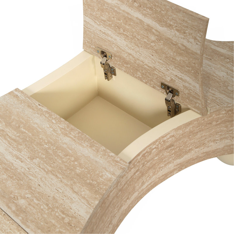 Table basse irrégulière avec plateau rabattable et compartiment de rangement caché